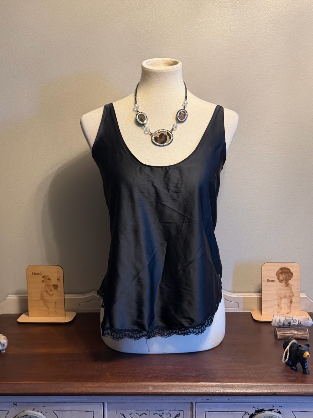 Black Satin Scoop Neck Lace Hem Tank With Tie Back